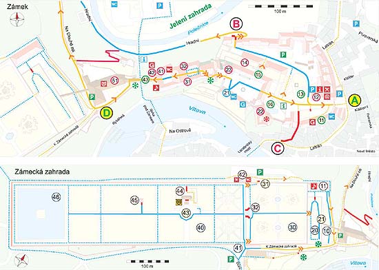 Průvodce Českým Krumlovem i pro handicapované, mapa zámku a zámecké zahrady 