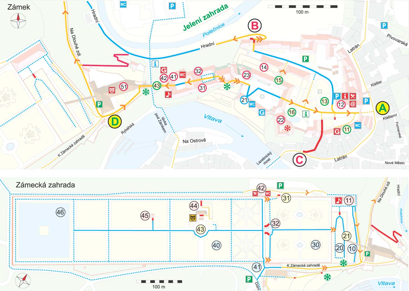 Průvodce Českým Krumlovem i pro handicapované, mapa zámku a zámecké zahrady