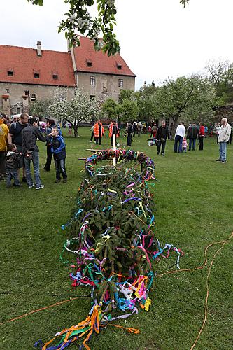 Joint decoration of the maypole and ERECTION OF THE MAYPOLE, Lighting the fire, Magical Krumlov 30.4.2011