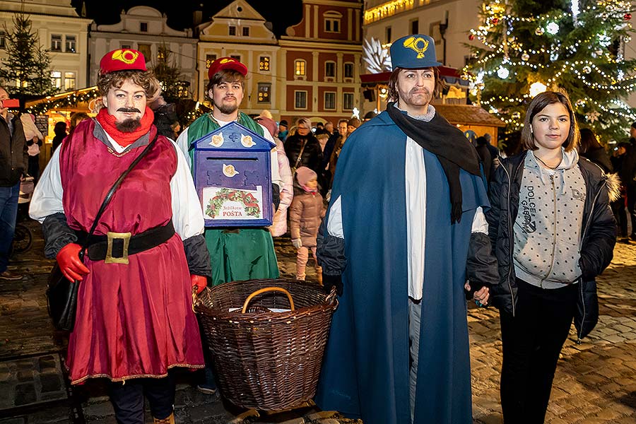 Ježíškův poštovní úřad U Zlatého anděla a příjezd Bílé paní v Českém Krumlově 8.12.2019