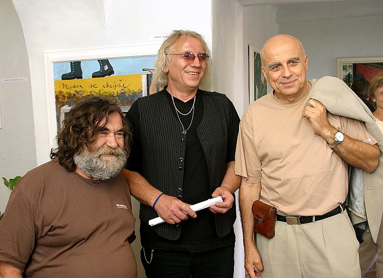 Tomáš Bím, Josef Břečka a Ivan Mládek, Vernissage der Ausstellung der Bilder von Ivan Mládek im Haus der Fotografie Český Krumlov, 13. August 2004, Foto: Lubor Mrázek