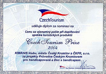 Diplom za akci Den s handicapem a Průvodce Českým Krumlovem pro hadicapované, III. třetí ročník CzechTourism Prize 2005 