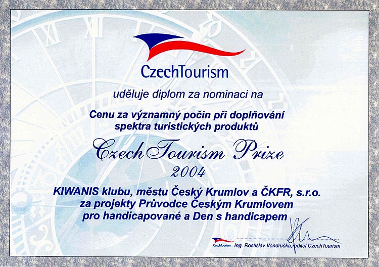 Diplom za akci Den s handicapem a Průvodce Českým Krumlovem pro hadicapované, III. třetí ročník CzechTourism Prize 2005