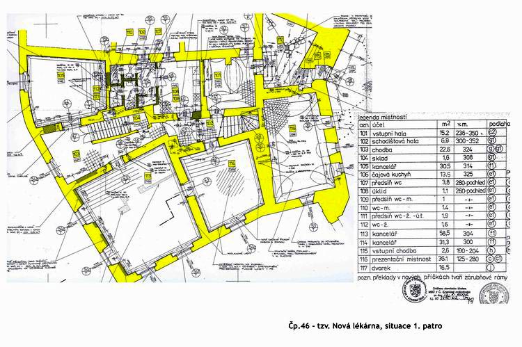Zámek č. p. 46 - Nová lékárna, rekonstruované prostory zámecké lékárny č.p. 46 k pronajmutí, 1. patro - situace, zdroj: archiv SHZ Český Krumlov
