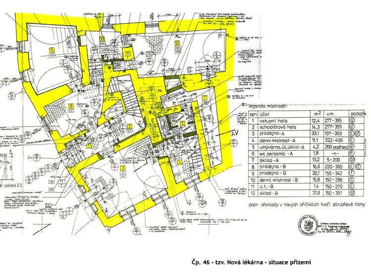 Zámek č. p. 46 - Nová lékárna, rekonstruované prostory zámecké lékárny č.p. 46 k pronajmutí, přízemí - situace, zdroj: archiv SHZ Český Krumlov