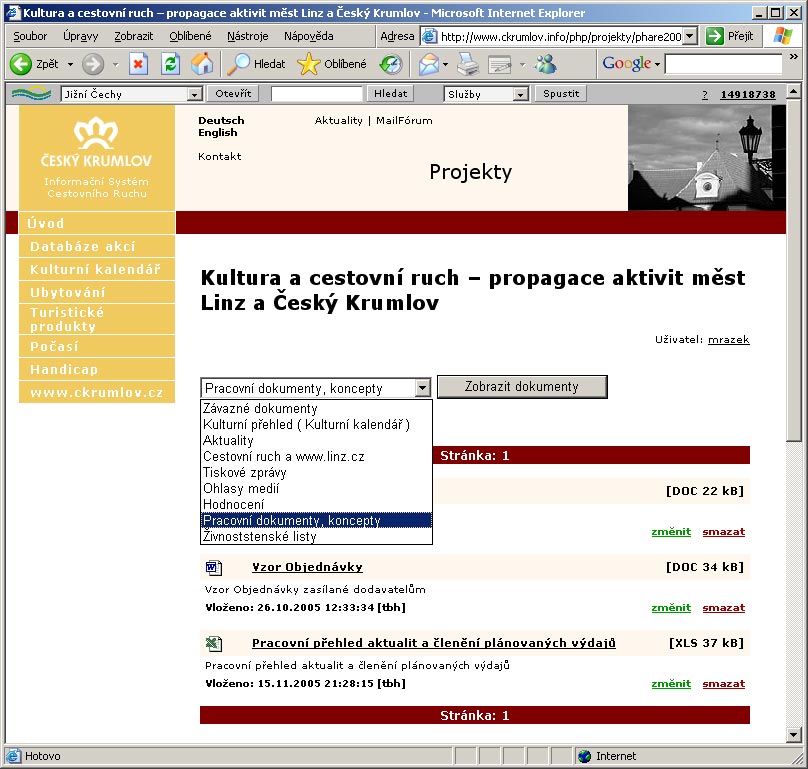 Interní část stránek projektů v rámci OIS regionu Český Krumlov