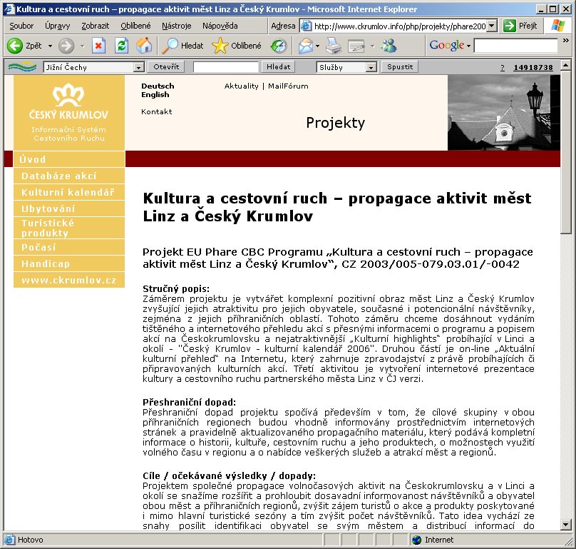 Öffentlicher Teil der Seiten der Projekte im Rahmen des OIS der Region Český Krumlov