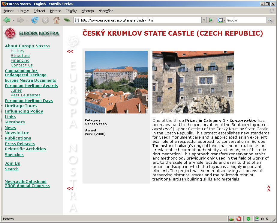 Zámek Český Krumlov získal cenu Europa Nostra 2008, zdroj: www.europanostra.org