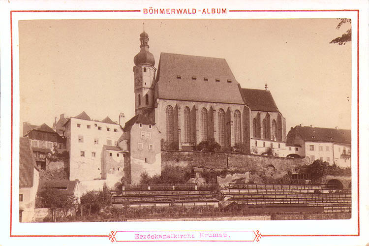 Church of St. Vitus in Český Krumlov with original Baroque tower, historical photo