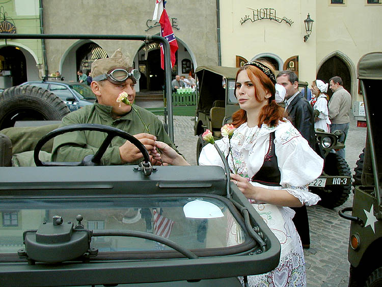 Convoy of American Jeeps at town square in Český Krumlov. Celebrations of the 56th anniversary of liberation by U.S. army in May 4 2001