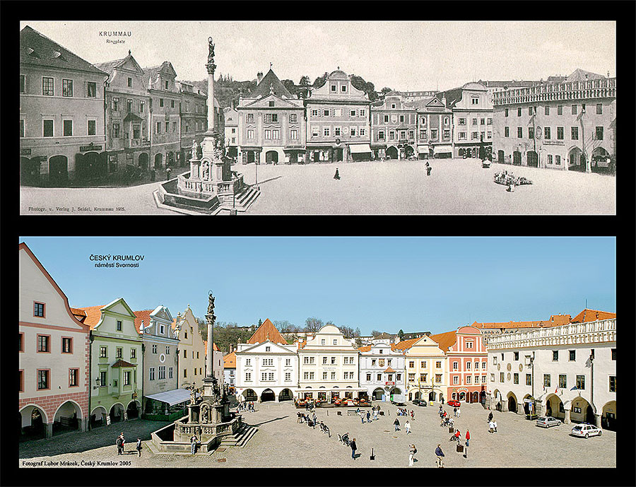 Stadtplatz in Český Krumlov vor 100 Jahren und heute