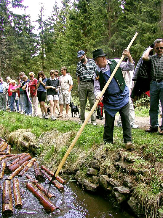 Ukázka plavení dříví na Schwarzenberském kanálu v oblasti Ježové, 11. května 2002, foto: Lubor Mrázek